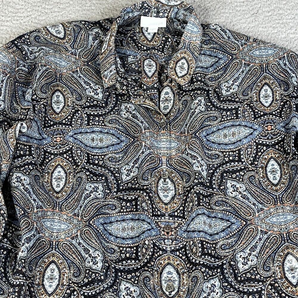 J. JILL Blouse Tunic Womens M Blue Black Paisley Buttons Sheer 3/4 Sleeve Collar